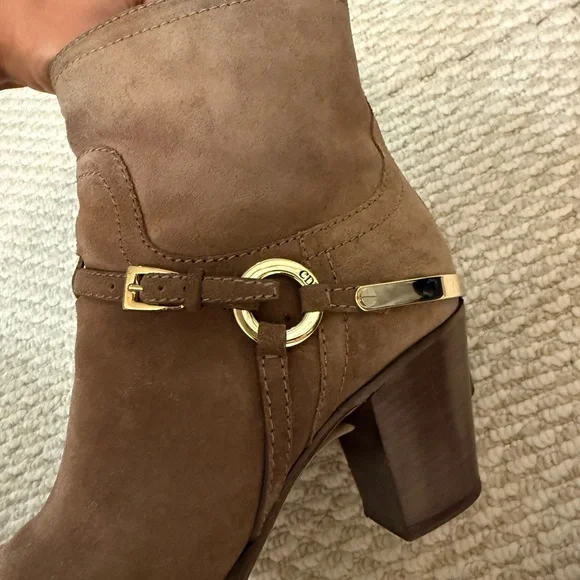 Christian Dior Taupe Suede Mid-Calf Heeled Boot with Gold Accent - Picture 2 of 6